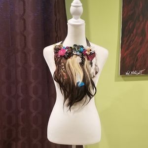 NWOT Beaded Bib Necklace With Feathers And Human Hair